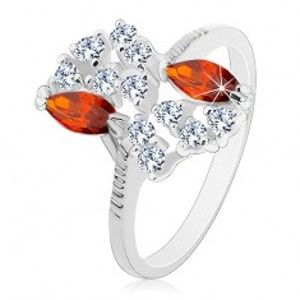 Prsten stříbrné barvy s vroubkovanými rameny, oranžové a čiré zirkony S18.04