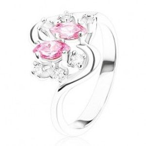 Prsten stříbrné barvy se zvlněnými rameny, růžové a čiré zirkony R40.12