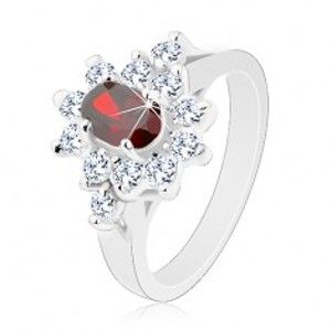 Prsten stříbrné barvy, tmavě červený ovál se zirkonovým lemem čiré barvy R30.9