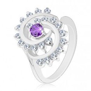 Prsten stříbrné barvy, velká spirála z čirých zirkonků s fialovým středem G15.15