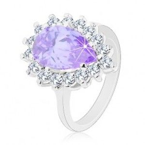 Prsten stříbrné barvy, velká zirkonová kapka fialové barvy, čirý lem G02.12
