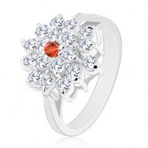 Prsten stříbrné barvy, velký čirý květ s oranžovým zirkonem uprostřed R30.15