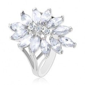 Prsten stříbrné barvy, velký květ tvořený zirkonovými zrnky R38.11