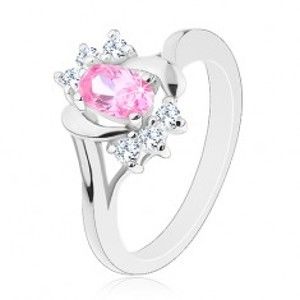 Prsten stříbrné barvy, velký růžový ovál, hladké a zirkonové oblouky G06.07