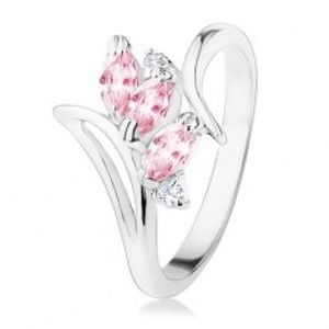 Prsten stříbrné barvy, zahnutá ramena, růžové a čiré zirkony R34.21