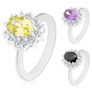 Prsten stříbrné barvy, zářivý kvítek s barevným oválným středem R42.13