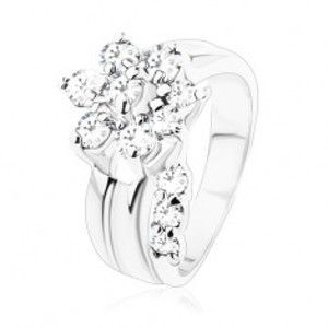 Prsten stříbrné barvy, zářivý kvítek z čirých zirkonků, rozdělená ramena V09.04