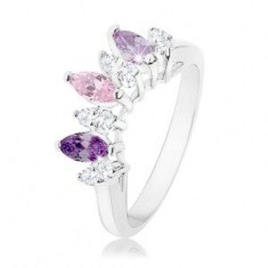 Prsten stříbrné barvy, zrnka v odstínech fialové, růžové a čiré barvy R34.17
