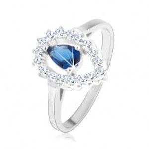 Prsten, stříbro 925, čirá kontura obrácené kapky s modrou zirkonovou slzou HH13.3