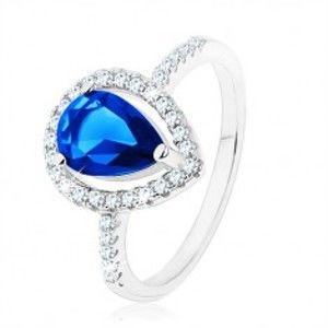 Prsten, stříbro 925, úzká ramena, zirkonová slza modré barvy HH7.5