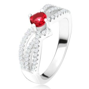 Prsten - tři zvlněné zirkonové linie, kulatý červený kámen, stříbro 925 - Velikost: 49