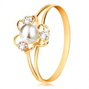 Prsten v 9K žlutém zlatě - květ se třemi okvětními lístky, bílou perlou a čirými zirkony GG52.40/41