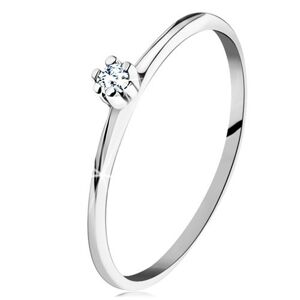 Prsten v bílém 14K zlatě - lesklá zkosená ramena, kulatý čirý diamant - Velikost: 50