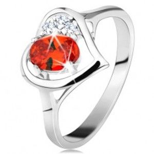 Prsten ve stříbrné barvě, kontura srdce s oranžovým oválem a čirými zirkony G08.13