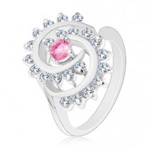 Prsten ve stříbrné barvě, spirála s čirým lemem, růžový kulatý zirkon V04.03