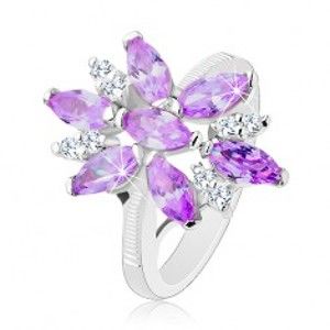 Prsten ve stříbrné barvě, velký květ z fialových a čirých zirkonů R34.1