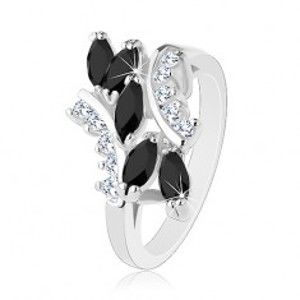 Prsten ve stříbrném odstínu, broušená zrnka černé barvy, čiré zirkony S18.22
