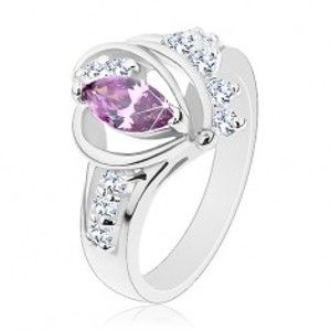 Prsten ve stříbrném odstínu, fialový zirkon, hladké oblouky, čiré zirkony AC14.07