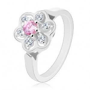 Prsten ve stříbrném odstínu, blýskavý čirý kvítek s růžovým středem R29.19