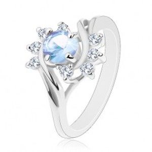 Prsten ve stříbrném odstínu, kulatý světle modrý zirkon, blýskavé čiré oblouky G07.01