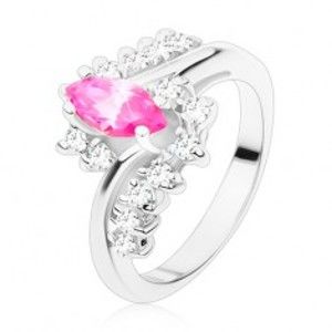 Prsten ve stříbrném odstínu s růžovým zrnkem a čirými zirkony, zahnutá ramena R48.26