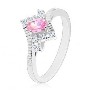 Prsten ve stříbrném odstínu s vroubkovanými rameny, růžový ovál, čiré zirkony G02.19