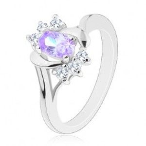Prsten ve stříbrném odstínu, světle fialový ovál, lesklé obloučky, čiré zirkonky G07.04