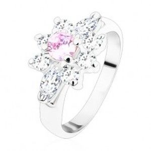 Prsten ve stříbrném odstínu, zářivý kvítek ze zirkonů čiré a světle fialové barvy S15.04