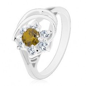Prsten ve stříbrném odstínu, zirkonový květ s olivově zeleným středem AC17.12
