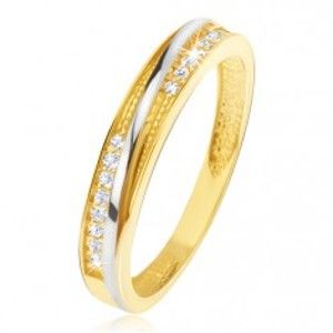 Prsten ve žlutém 14K zlatě - ozdobné trojúhelníkové zářezy, zirkony GG11.54