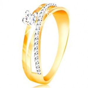Prsten ve 14K zlatě - šikmá zirkonová linie čiré barvy, kulatý zirkon v kotlíku GG212.67/74