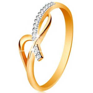 Prsten ve 14K zlatě - asymetricky propletená ramena, kulaté čiré zirkony - Velikost: 51
