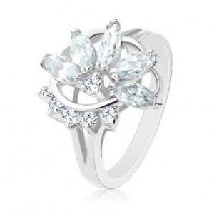 Prsten ve stříbrném odstínu, poloviční zirkonový květ, oblouk čirých zirkonků R32.11