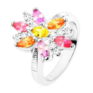 Prsten ve stříbrném odstínu, velký květ s barevnými a čirými lupínky - Velikost: 54