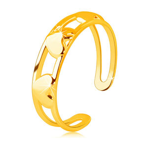Prsten z 9K zlata - tři souměrná zrcadlově lesklá srdce mezi dvěma liniemi - Velikost: 58