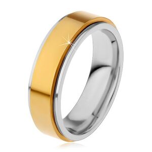 Prsten z chirurgické oceli, vyvýšený otáčivý pás zlaté barvy, úzké okraje - Velikost: 72