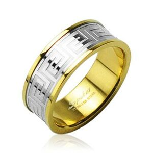 Prsten z chirurgické oceli zlaté barvy se středovým pruhem stříbrné barvy - Velikost: 69