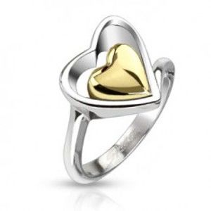 Prsten z chirurgické oceli - kontura srdce a zlaté srdce uprostřed E8.10