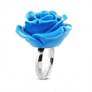 Prsten z chirurgické oceli - růže v rozkvětu, lesklá modrá pryskyřice J05.13
