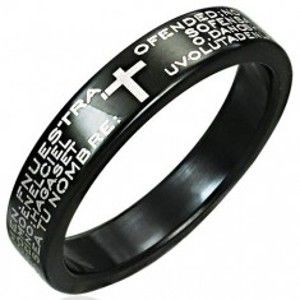 Prsten z nerezové oceli - černý s potiskem modlitby a křížem B2.10