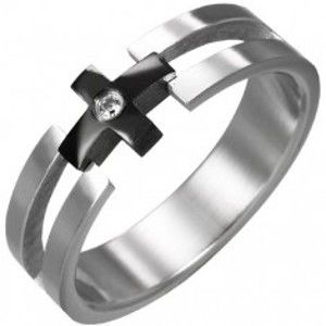 Prsten z oceli - černý kříž, čirý zirkon K11.19