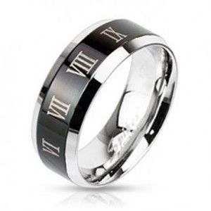 Prsten z oceli - stříbrný s černým pruhem a římskými číslicemi E1.4