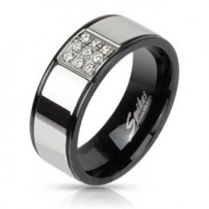 Prsten z oceli - stříbrný s černými okraji, zirkonový čtverec C20.1/C20.2