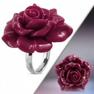 Prsten z oceli 316L - velká růžovofialová rozkvetlá růže z pryskyřice H9.07