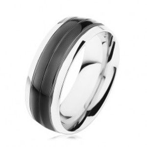 Prsten z oceli 316L, černý pás, lemy stříbrné barvy, vysoký lesk HH8.13