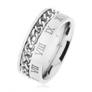 Prsten z oceli 316L, stříbrná barva, řetízek, vzor - římské číslice HH9.8