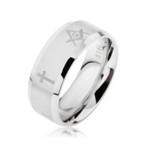 Prsten z oceli stříbrné barvy, matný proužek s kříži a symboly svobodných zednářů SP62.31