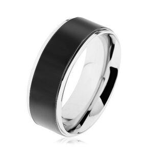 Prsten z oceli 316L, černý pás, vysoce lesklý lem stříbrné barvy - Velikost: 59