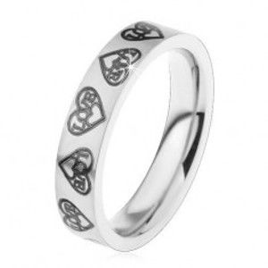 Prsten z oceli 316L, stříbrný odstín, srdíčka a nápis Love černé barvy H3.8