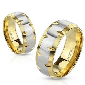 Prsten z oceli 316L, zlatý a stříbrný odstín, zářezy na okrajích, 6 mm - Velikost: 49